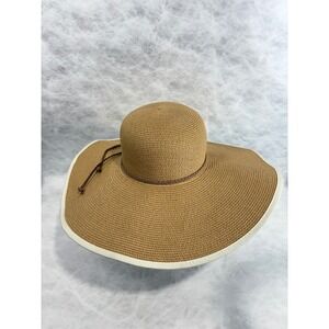 Woven Wide Brim Sun Hat Tan Straw Paper Braid Tassel Beach Summer 56-58cm